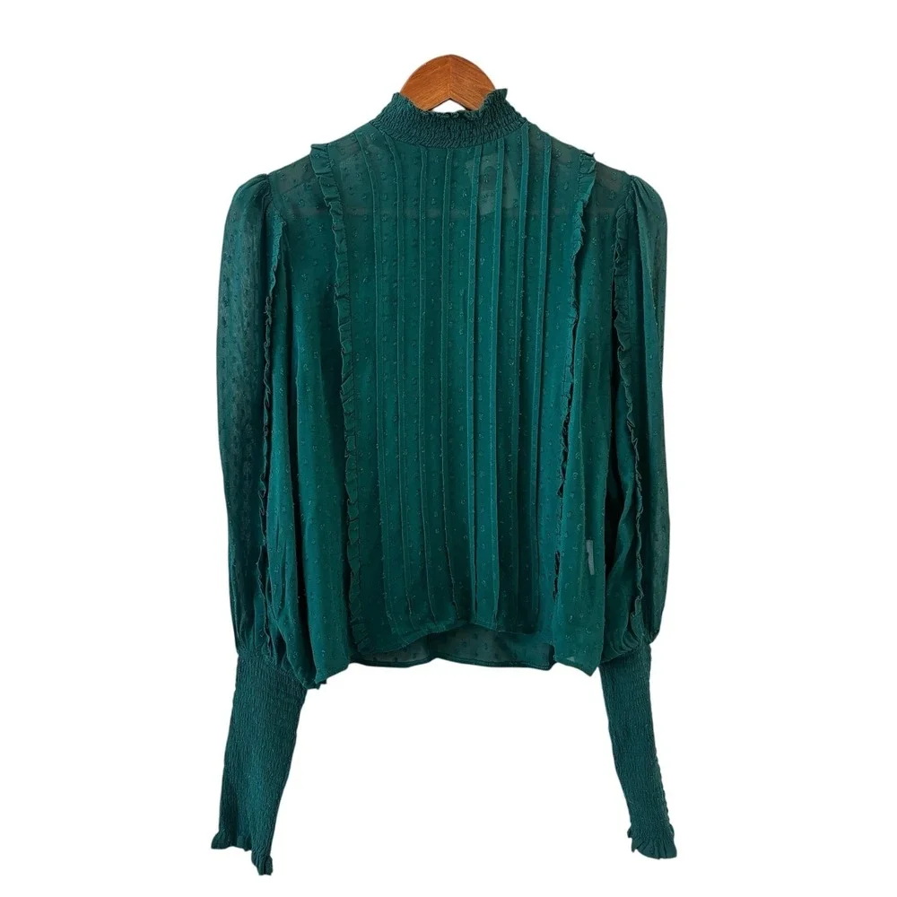 Farm Rio Swiss Dot Mock Neck Blouse Top Womens XS Green Sheer Ruffle Puff Sleeve